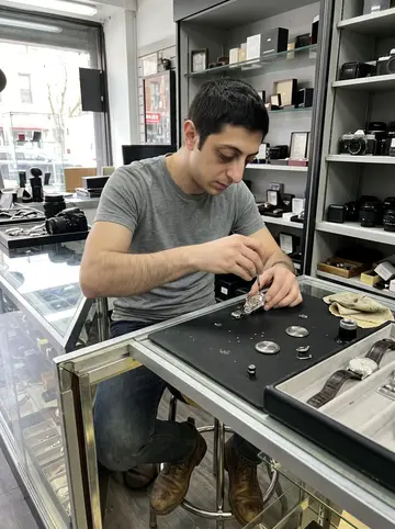 Haris, AI character: behind the glass counter of his Astoria pawn shop, trays of watches and old cameras laid out on a black mat