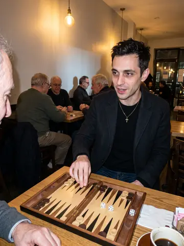 Haris, AI character: a small Astoria café at night, backgammon board open on a table with older men blurred around him