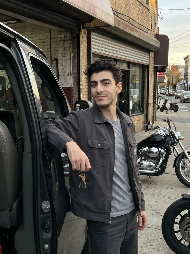 Filipe, AI character: outside his small motorcycle repair shop in Newark's Ironbound, one arm resting on the open door of a dark…