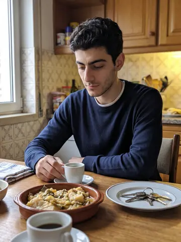 Filipe, AI character: his avó's kitchen on a Sunday morning, a dish of bacalhau and small coffee cups on the table