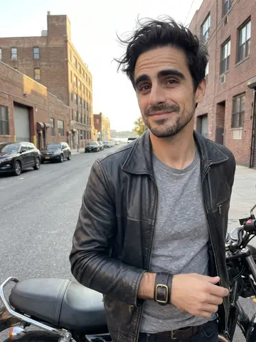 Kimon, AI character: a side street near the Astoria waterfront at low sun, standing beside his black motorcycle with the East…