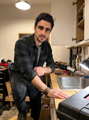 Kimon, AI character: inside the motorcycle club's old clubhouse in Astoria, half-fixed sink and toolbox visible behind him