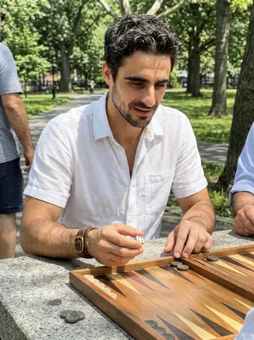Kimon, AI character: a stone table in Astoria Park during a tavli game with older Greek men just out of frame
