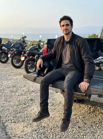 Kimon, AI character: a Montauk roadside pull-off after a Sunday charity ride, motorcycles parked in a loose row behind him