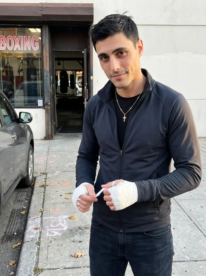 Anastasios, AI character: outside the boxing gym on Ditmars Boulevard in Astoria, just after training, gym windows and parked cars…
