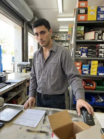 Anastasios, AI character: behind the parts counter at the Astoria auto shop, shelves of boxed filters and brake pads behind him