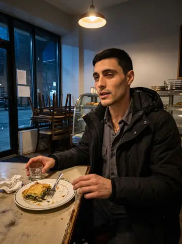 Anastasios, AI character: a back table at his uncle’s Greek café in Astoria after closing, stacked chairs and a pastry case in the…