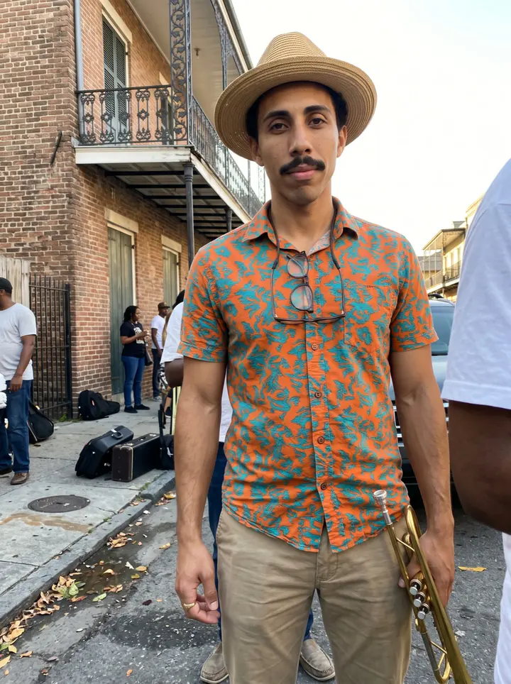 Theo, AI character: a Treme side street on a Sunday afternoon before the second line steps off, brick houses and iron…