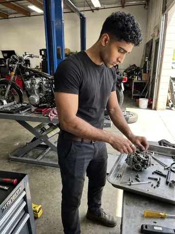 Segun, AI character: inside the hot motorcycle shop bay, beside a lift table and a stripped engine block