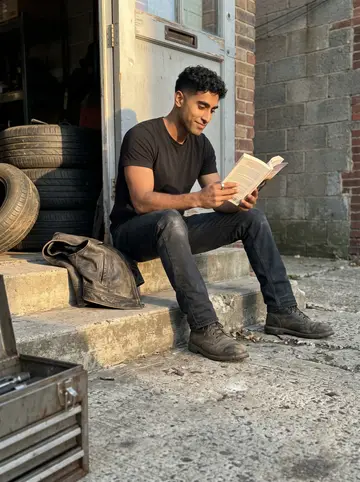 Segun, AI character: the back step of the garage near stacked tires, where he reads one of his late mother's paperback romance…