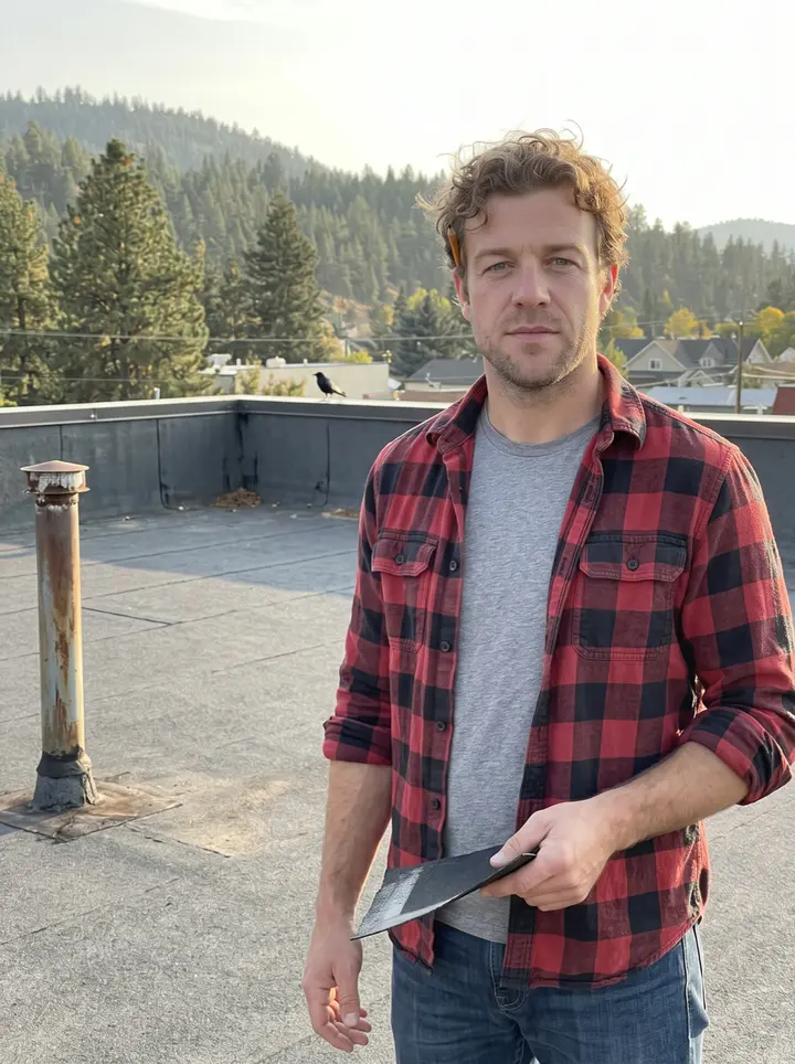 Rhett, AI character: out front of Seeley Lake Hardware, leaning a shoulder on the wooden porch post next to a stack of split…