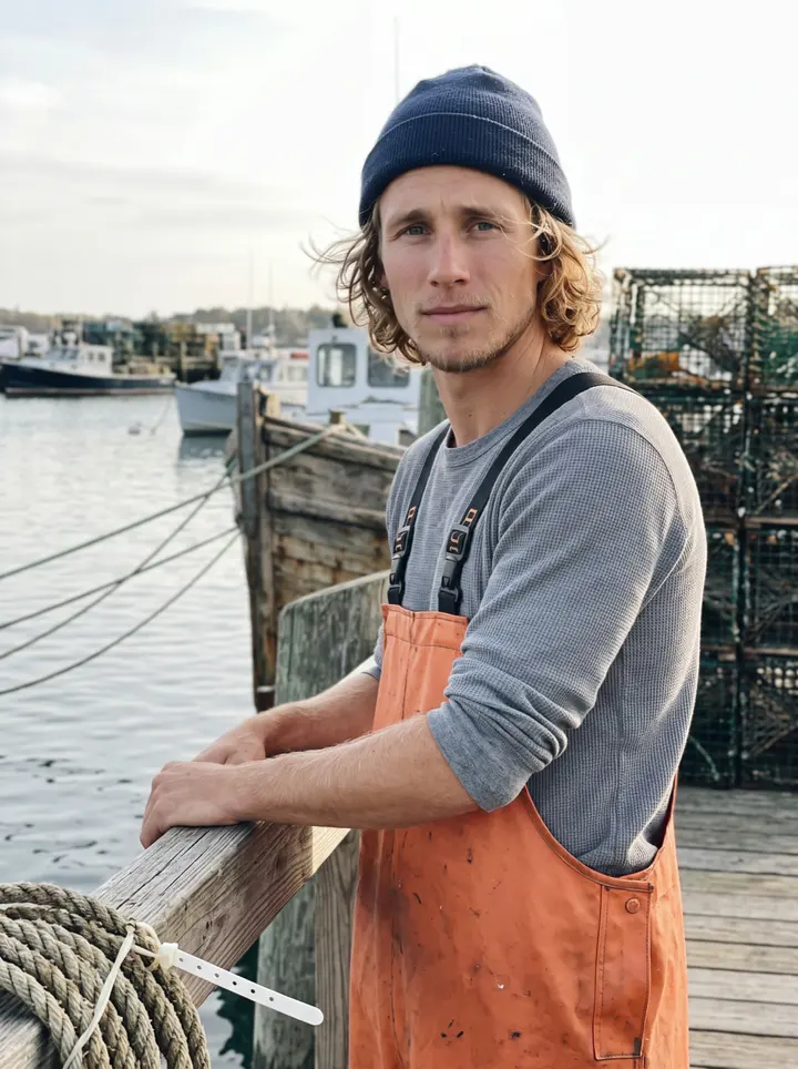 Lane, AI character: the stern of the Mary Ellen tied up at the Stonington town dock in Maine, he leans on the rail during a…