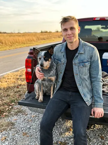 Jesse, AI character: a gravel pull-off on a quiet road outside Tulsa, sitting on the open tailgate of his pickup, Biscuit…