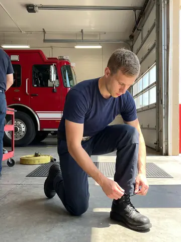 Jesse, AI character: the apparatus bay of a Tulsa fire station, big bay door rolled open, red engine parked behind him
