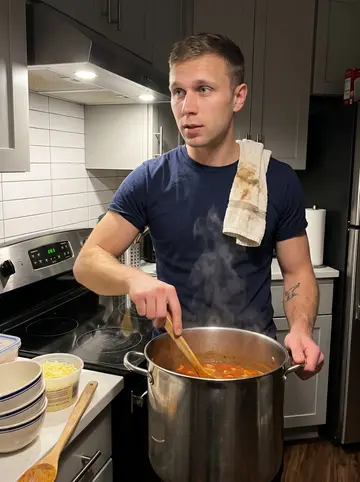 Jesse, AI character: the station kitchen late on a Saturday night, a huge stockpot of chili on the range, stacked bowls and a…