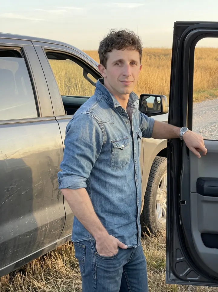 Sawyer, AI character: a gravel pullout beside a Kansas highway in the Flint Hills, tall dry golden grass, leaning on the open…