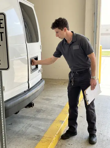Sawyer, AI character: a courthouse secure vehicle bay in Wichita, a plain white transport van with its rear doors open, concrete…