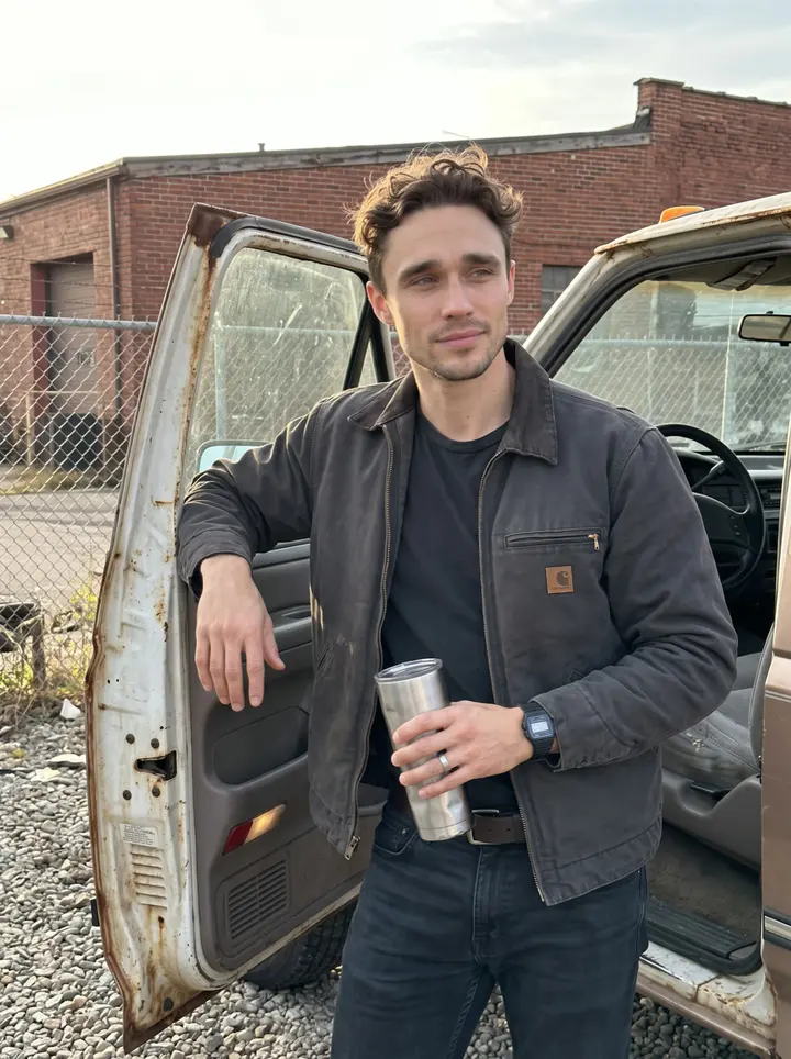 Edwin, AI character: the tow yard on Cleveland's east side, beside his rusted 1998 Ford F-250 winch truck with the shop fence…