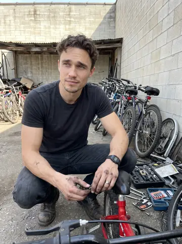 Edwin, AI character: the back lot of the tow yard on a Saturday, a row of kids' bicycles leaned against a cinderblock wall