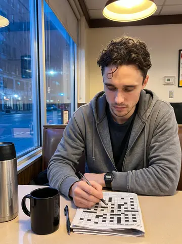 Edwin, AI character: his usual diner booth near Superior Ave, black coffee, a folded Saturday cryptic crossword, and a pen on…