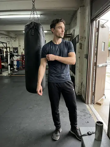 Edwin, AI character: a no-name boxing gym on Superior Ave, damp sidewalk visible through the propped-open door, heavy bag…