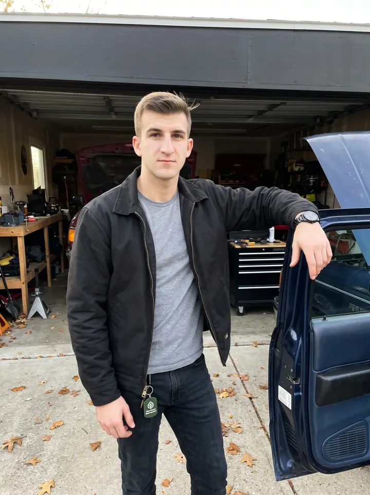Maurice, AI character: outside his dad's garage in a Cleveland suburb, leaning by the open door of the half-rebuilt dark blue…
