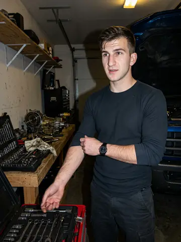 Maurice, AI character: his dad's garage at night, transmission parts spread across a wooden workbench, Ford Ranger hood up behind him