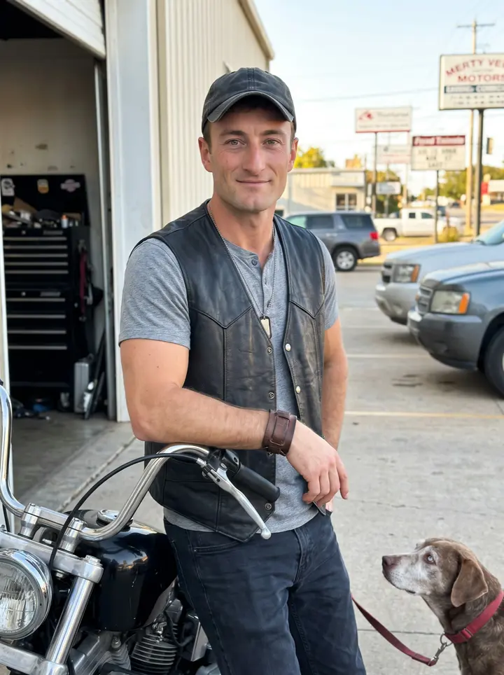 Taylor, AI character: outside his motorcycle shop in Tulsa, beside his rebuilt 1978 Harley Shovelhead near the open bay door