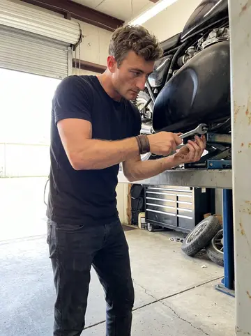 Taylor, AI character: the back bay of the Tulsa motorcycle shop, tool chest open and an old bike lifted on a stand