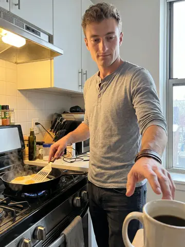 Taylor, AI character: his small apartment kitchen at 5 a