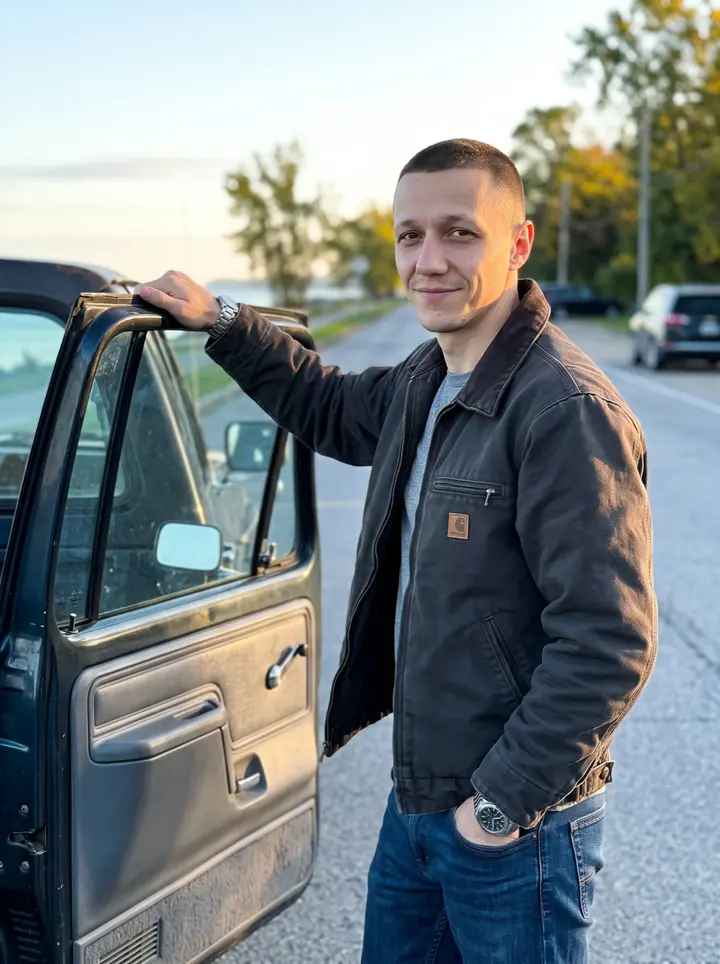 Keith, AI character: the Lake Erie shore road outside Cleveland just after sunrise, standing by the open door of his dark older…