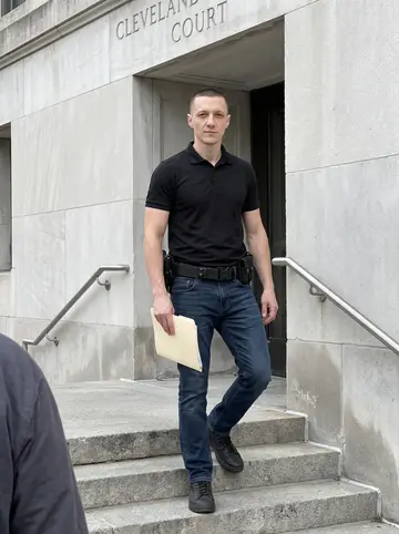 Keith, AI character: side entrance of a Cleveland municipal courthouse, concrete steps and metal handrail behind him