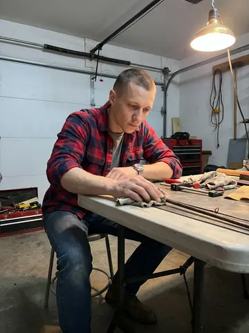 Keith, AI character: shared garage workshop in Cleveland, folding table covered with rags, clamp, sandpaper, and an old steel…