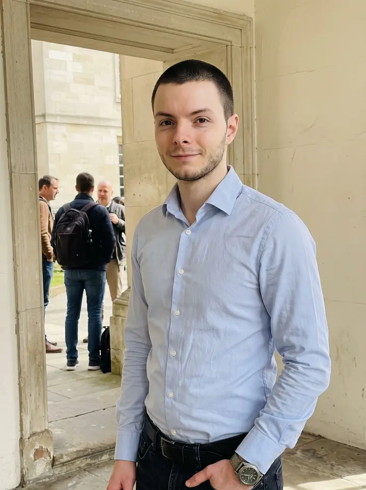 Lucas, AI character: outside a Queens law school building after helping his sister carry graduation paperwork, standing in a…