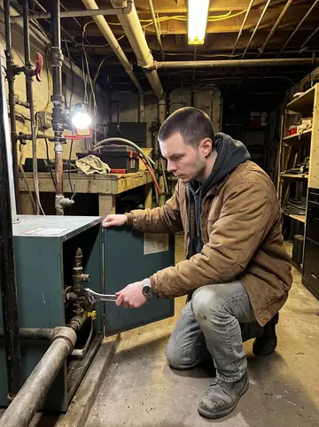Lucas, AI character: basement boiler room of an older Queens apartment building, pipes and a workbench behind him