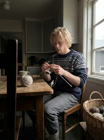 Oskar, AI character: the old farmhouse kitchen with a worn wooden table, a window onto the grey yard, and a basket of wool on a…