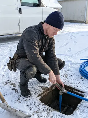 Halvard, AI character: the snowy yard of a farmhouse, beside an open water-meter pit and a coil of blue pipe, his white van…