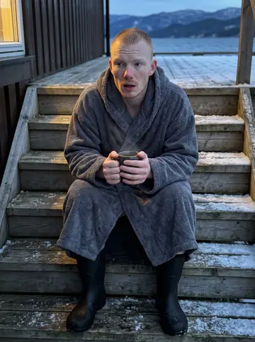 Halvard, AI character: the wooden steps down to the fjord below his boathouse, still water and blue mountains in the background,…