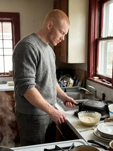 Halvard, AI character: the kitchen of his grandfather's red house on a Sunday morning, an old cast-iron waffle iron on the stove,…