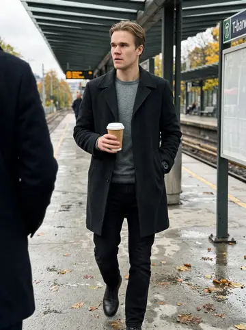 Stig, AI character: an outdoor T-bane platform in Oslo on a grey autumn morning, wet leaves near the tracks