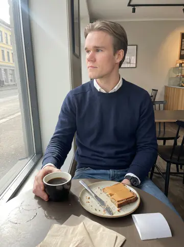 Stig, AI character: a window table in a small bakery in Grünerløkka, Oslo, a cup of black coffee and an open-faced rye…