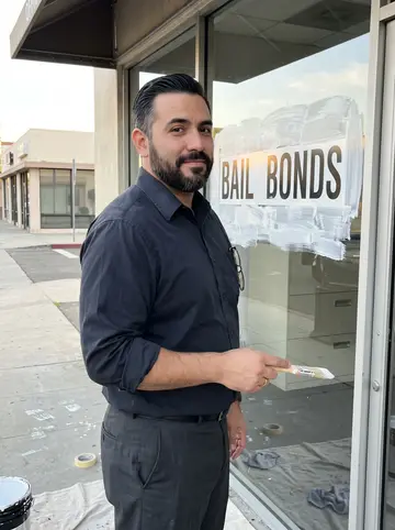 Hossein, AI character: outside his new bail bonds office on a Glendale storefront, standing on the sidewalk beside a half-painted…
