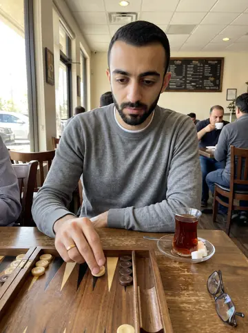 Hossein, AI character: a small Persian café on Brand Boulevard in Glendale, a backgammon board and a glass of strong black tea on…