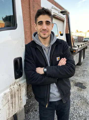 Dmitri, AI character: gravel lot beside his uncle's tow yard in Bridgeport, Chicago, leaning against the door of a white flatbed…