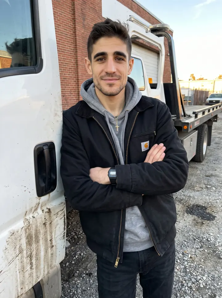 Dmitri, AI character: gravel lot beside his uncle's tow yard in Bridgeport, Chicago, leaning against the door of a white flatbed…