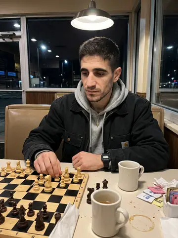 Dmitri, AI character: a corner booth in a 24-hour Greek diner on Archer Avenue at 4am, a chess board and a clock on the table,…