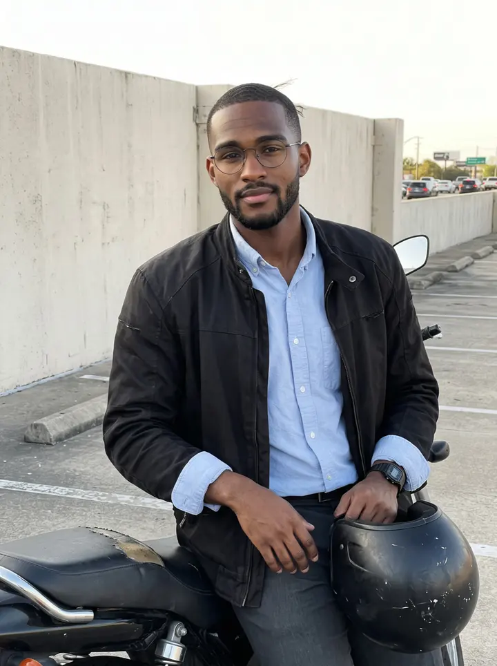 Chukwuemeka, AI character: the open-air parking level near his Houston office, standing beside his old 2009 Honda motorcycle with the…