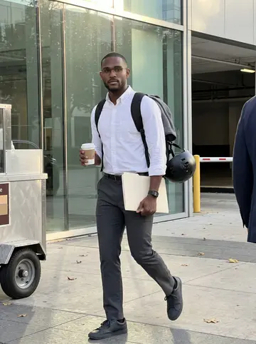 Chukwuemeka, AI character: outside a glass office building in West Houston during a quick work break, with a coffee cart and parking…