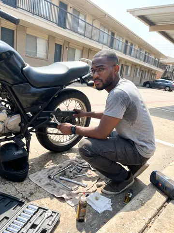 Chukwuemeka, AI character: his apartment parking lot in Alief, beside the 2009 Honda with a borrowed socket set laid on an old towel