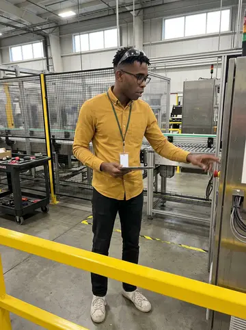 Tyrese, AI character: inside the packaging plant near a guarded conveyor line and a control cabinet during a weekday maintenance…